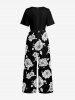 Plus Size Flowers Leaf Print V Neck Hawaii Wide Leg Jumpsuit - Noir XL