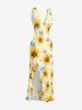 Sunflowers Leaf Print Hawaii Ruffles Split Surplice Dress -  