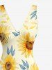 Sunflowers Leaf Print Hawaii Ruffles Split Surplice Dress -  