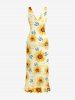 Sunflowers Leaf Print Hawaii Ruffles Split Surplice Dress -  
