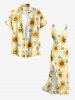 Sunflowers Leaf Print Hawaii Ruffles Split Surplice Dress -  