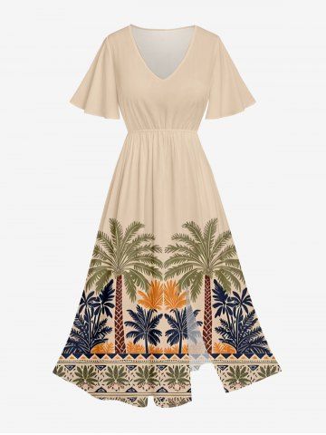 Plus Size Coconut Tree Geo Pattern Print Split Hawaii Midi Dress - TAN - 3X