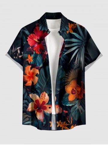 Plus Size Hibiscus Flowers Tropical Leaf Print Buttons Pocket Hawaii Shirt For Men - BLACK - S