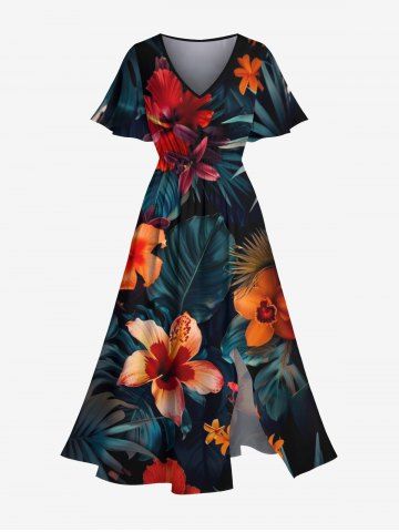 Plus Size Hibiscus Flowers Tropical Leaf Print Split Hawaii Midi Dress - BLACK - XXS