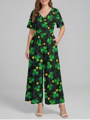 Plus Size St. Patrick's Day Cloves Leaf Print V Neck Hawaii Wide Leg Jumpsuit - GREEN - XS