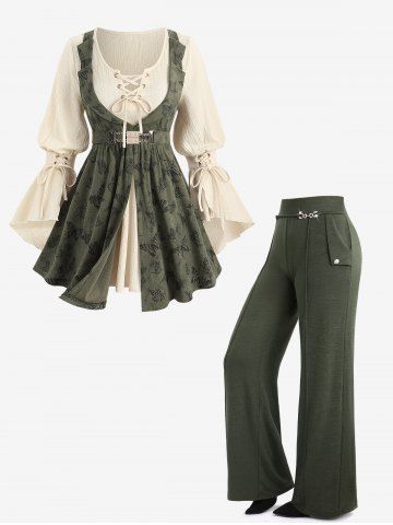 Lace Up Panel Butterfly Print Poet Sleeves 2 In 1 Top and Buttons Wide Leg Pants Plus Size Outfit - GREEN