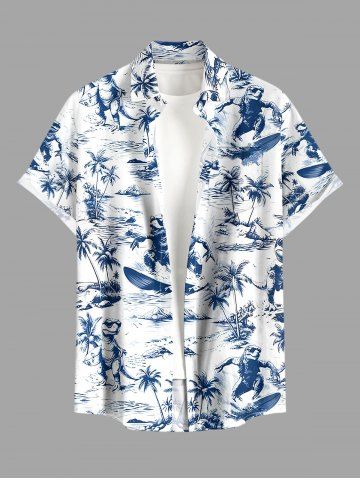 Plus Size Coconut Tree Dinosaur Sea Waves Print Buttons Pocket Hawaii Shirt For Men - BLUE - 4XL