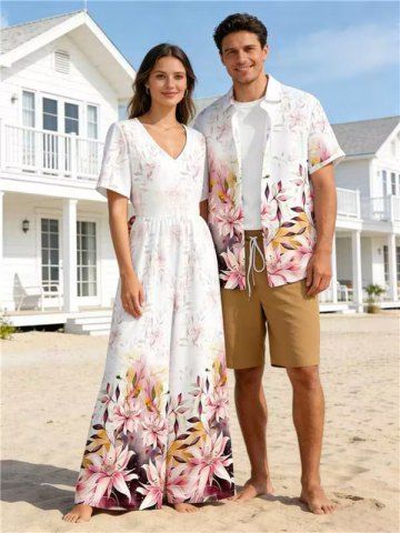 Ensemble de plage hawaïen assorti pour couples, imprimé fleurs et feuilles ombrées, grandes tailles - PINK