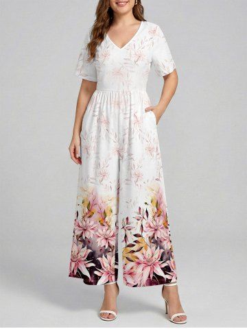 Flowers Leaf Ombre Print V Neck Hawaii Wide Leg Jumpsuit - PINK - XL