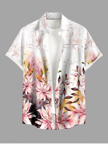 Plus Size Flowers Leaf Ombre Print Buttons Pocket Hawaii Shirt For Men - PINK - 2XL