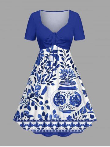 Robe hawaïenne grande taille en porcelaine bleue et blanche à motif de vase, fleurs et feuilles, cintrée - BLUE - 6X