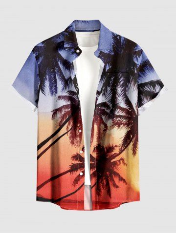 Coconut Tree Ombre Print Buttons Pocket Hawaii Shirt For Men - ORANGE - 3XL
