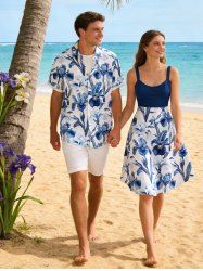 Floral Leaves Branch Print Plus Size Matching Hawaii Beach Outfit For Couples -  