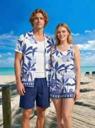 Matching Hawaii Shirt and Romper Beach Outfit Coconut Tree Tropical Leaf Blue and White Porcelain Style Printed for Couples -  