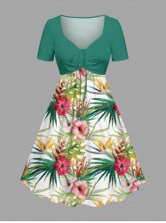 Hibiscus Flower Tropical Leaf Print Cinched Hawaii Dress -  