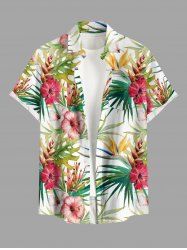 Plus Size Hibiscus Flower Tropical Leaf Print Buttons Pocket Hawaii Shirt For Men -  