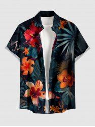 Hibiscus Flowers Tropical Leaf Print Buttons Pocket Hawaii Shirt For Men - Noir XL