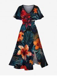 Plus Size Hibiscus Flowers Tropical Leaf Print Split Hawaii Midi Dress -  