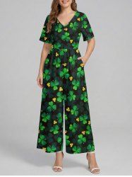 Combinaison hawaïenne grande taille à imprimé clous de girofle et feuilles, col en V, jambes larges, style Saint-Patrick - Vert L