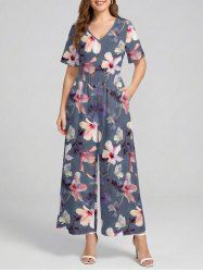 Plus Size Flowers Leaf Print V Neck Hawaii Wide Leg Jumpsuit -  
