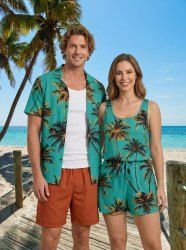 Matching Hawaii Shirt and Romper Plus Size Beach Outfit Coconut Tree Printed for Couples -  