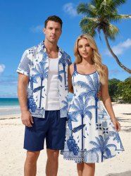 Coconut Tree Tropical Leaf Blue and White Porcelain Style Print Matching Hawaii Beach Outfit For Couples -  