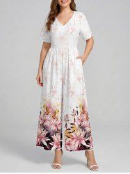 Flowers Leaf Ombre Print V Neck Hawaii Wide Leg Jumpsuit -  