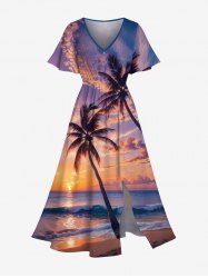 Robe midi fendue hawaïenne à imprimé cocotiers et nuages pour grandes tailles - Bleu Ciel L