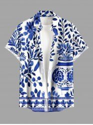 Chemise hawaïenne grande taille pour homme, en porcelaine bleue et blanche, avec vase, fleurs et imprimé feuilles, boutons et poche. - Bleu M