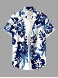 Men's Hibiscus Flowers Leaf Print Buttons Pocket Hawaii Shirt - Cadetblue L