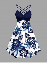 Hibiscus Flowers Leaf Print Ruched Lattice Crisscross Straps Hawaii Dress - Bleu profond L