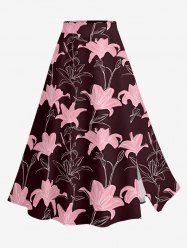 Lily Flower Print Hawaii Split A Line Skirt - Rouge foncé L
