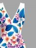 Flowers Leaf Print Hawaii Ruffles Split Surplice Dress - Bleu L