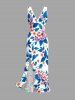 Flowers Leaf Print Hawaii Ruffles Split Surplice Dress - Bleu L