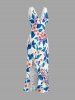 Flowers Leaf Print Hawaii Ruffles Split Surplice Dress - Bleu L