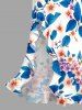 Flowers Leaf Print Hawaii Ruffles Split Surplice Dress - Bleu L