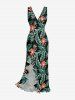 Flowers Tropical Leaf Print Hawaii Ruffles Split Surplice Dress -  