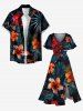Hibiscus Flowers Tropical Leaf Print Split Hawaii Midi Dress - Noir XS