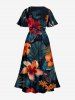 Hibiscus Flowers Tropical Leaf Print Split Hawaii Midi Dress - Noir XS
