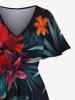 Plus Size Hibiscus Flowers Tropical Leaf Print Split Hawaii Midi Dress -  