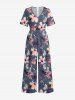 Plus Size Flowers Leaf Print V Neck Hawaii Wide Leg Jumpsuit -  