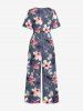 Flowers Leaf Print V Neck Hawaii Wide Leg Jumpsuit -  