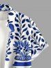 Chemise hawaïenne grande taille pour homme, en porcelaine bleue et blanche, avec vase, fleurs et imprimé feuilles, boutons et poche. - Bleu M