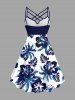 Hibiscus Flowers Leaf Print Ruched Lattice Crisscross Straps Hawaii Dress - Bleu profond L