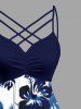Hibiscus Flowers Leaf Print Ruched Lattice Crisscross Straps Hawaii Dress - Bleu profond L