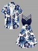 Hibiscus Flowers Leaf Print Ruched Lattice Crisscross Straps Hawaii Dress - Bleu profond L