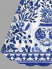 Plus Size Blue And White Porcelain Vase Flowers Leaf Print Cinched Hawaii Dress -  