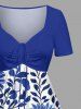 Plus Size Blue And White Porcelain Vase Flowers Leaf Print Cinched Hawaii Dress -  
