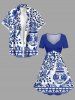 Plus Size Blue And White Porcelain Vase Flowers Leaf Print Cinched Hawaii Dress -  