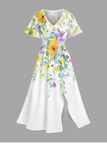 Robe mi-longue hawaïenne fendue à imprimé floral coloré et feuilles, grande taille - WHITE - 6X